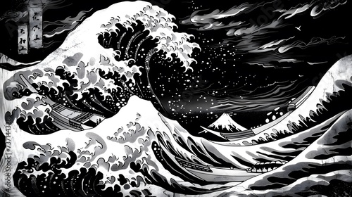 A Japanese great wave sea Japan engraved art design in a vintage woodcut intaglio style  photo