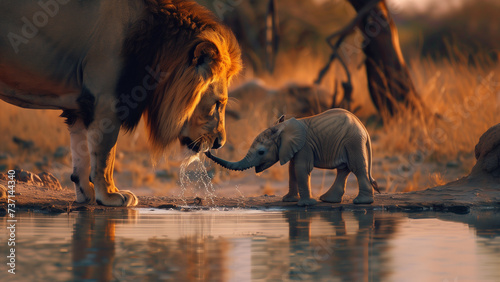 Savannah Symbiosis: A Lion and Baby Elephant at the Water’s Edge
