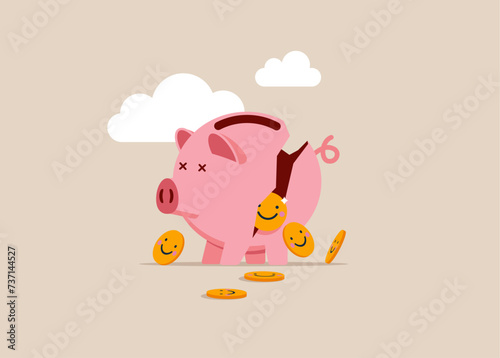 Collapsing piggy bank with smiling emoji. Vector illustration
