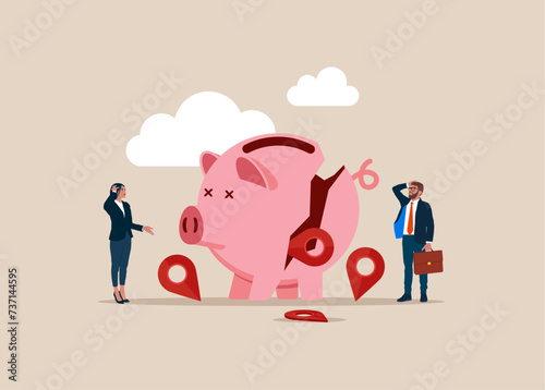 Business people look at collapsing piggy bank with branch pins. Flat vector illustration