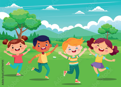 Happy kids jumping together during a sunny day