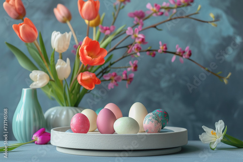 Geometric podium stands for product presentation, Easter eggs, on a gray background. AI Generated