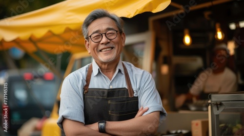 Joyful Asian Chef with Arms Crossed in Front of Food Stall