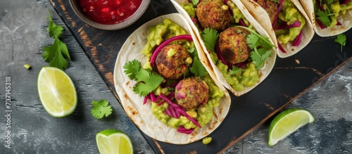 A tray of tacos with guacamole and meatballs is displayed on a table, showcasing a delicious dish made with various ingredients such as Meyer lemon, leaf vegetable, and fruit