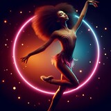  Beautiful teen girl, rhythmic gymnast, acrobat in stage costume dancing with hoop against gradient studio background in neon light