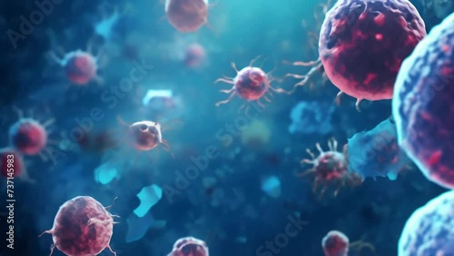 Cancer cells that cause tumors in human body. Oncology. Macro view. Terrible disease of humanity. Science, medicine and immunology concept. Medical background. Viruses and bacteria under microscope photo