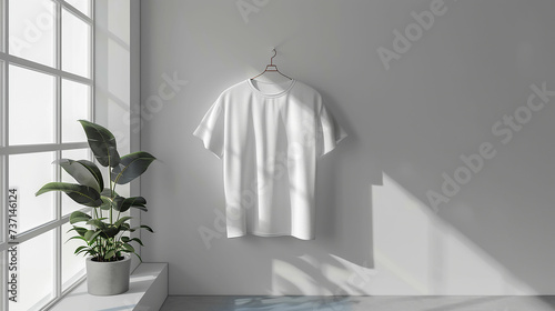 Front back view of plan white ringer t shirt mockup hanging on wall. Made with generative ai photo