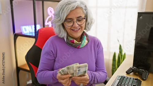 Grey-haired woman counting polish zloty in a gaming room with neon lights, symbolizing a mix of finance and technology. photo