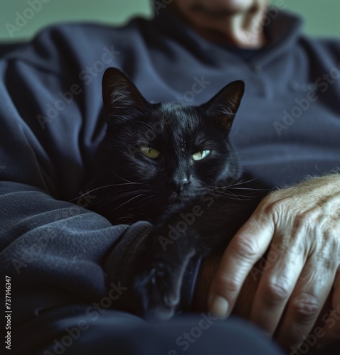 a black cat is sitting in a man's lap, in the style of vaporpunk, pigeoncore, comfycore, photo taken with provia, distinctive noses photo