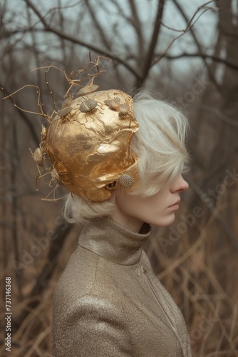a blonde woman with a large gold skull, in the style of rural life scenes, postmodern photography, cluj school, made of insects, nature-inspired forms, mythological iconography, dracopunk photo