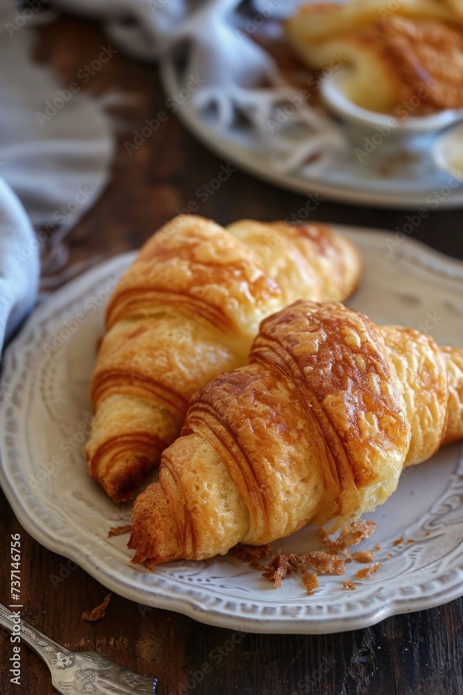 Golden croissants on a vintage plate.