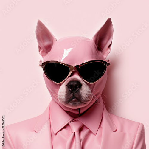 Elegant dog in a pink suit and in a pink latex mask. Ai generative art