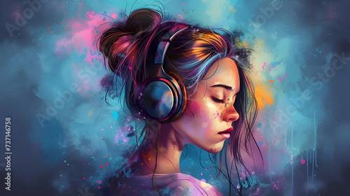 Beautiful girl wearing headphones is listening to music illustration. generative ai