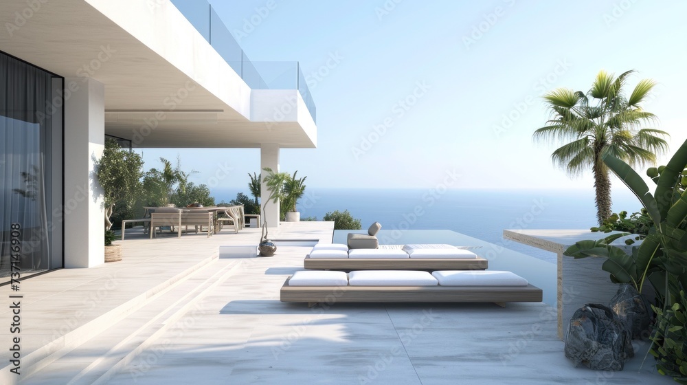 Fototapeta premium Rooftop terrace with a minimalist dining area lounge. Generative ai, 