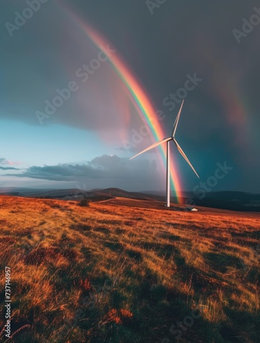a rainbow behind a wind turbine, in the style of the helsinki school, ogham scripts photo