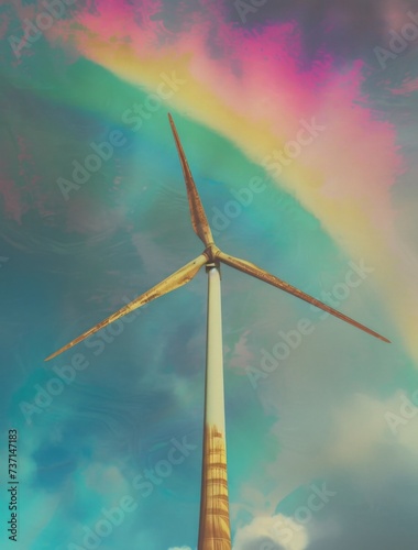 a wind turbine dray in front of a rainbow, in the style of site-specific works, 32k uhd, ogham scripts, urban energy, heywood hardy, kurzgesagt, high-angle photo