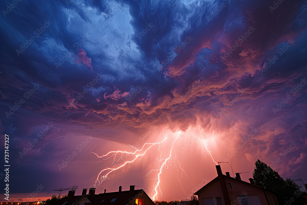 Thunderstorm above rooftops with lightning