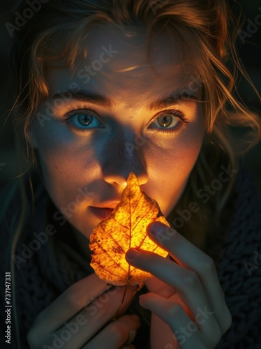 a women poses for a photo of a leaf in her hands, in the style of night photography photo