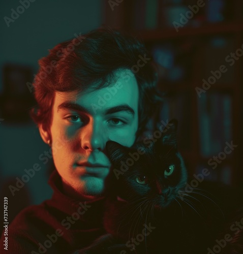 a young man posing with a black cat, in the style of webcam photography, meatpunk photo