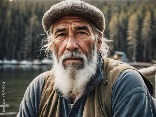 Weathered fisherman with piercing gaze on blurred dock background. generative AI