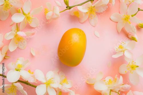 Flatlay colorful composition of fresh mango on pink background