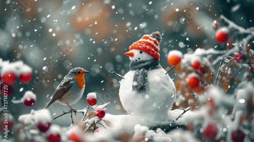 a snowman and a bird sitting on a snow, with berries on the foreground. © Anna