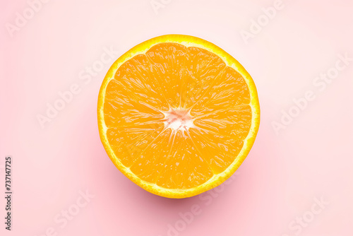 An orange slice isolated in the center of a pale pink background