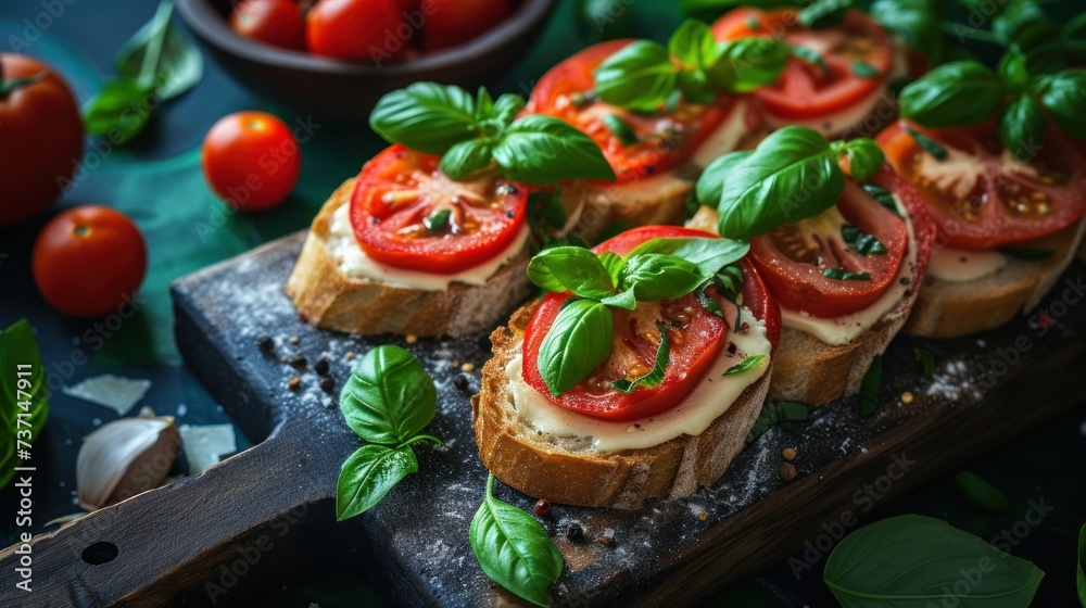 a wooden cutting board topped with slices of bread covered in cheese and veggies next to a bowl of tomatoes and basil. a wooden cutting board topped with slices of bread covered in cheese and veggies next to a bowl of tomatoes and basil.
