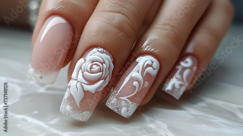 Beautiful womans nails with french manicure and rose. generative ai