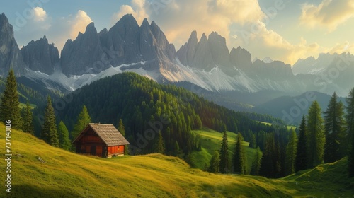 a painting of a mountain scene with a cabin in the foreground and trees on the far side of the mountain. © Anna