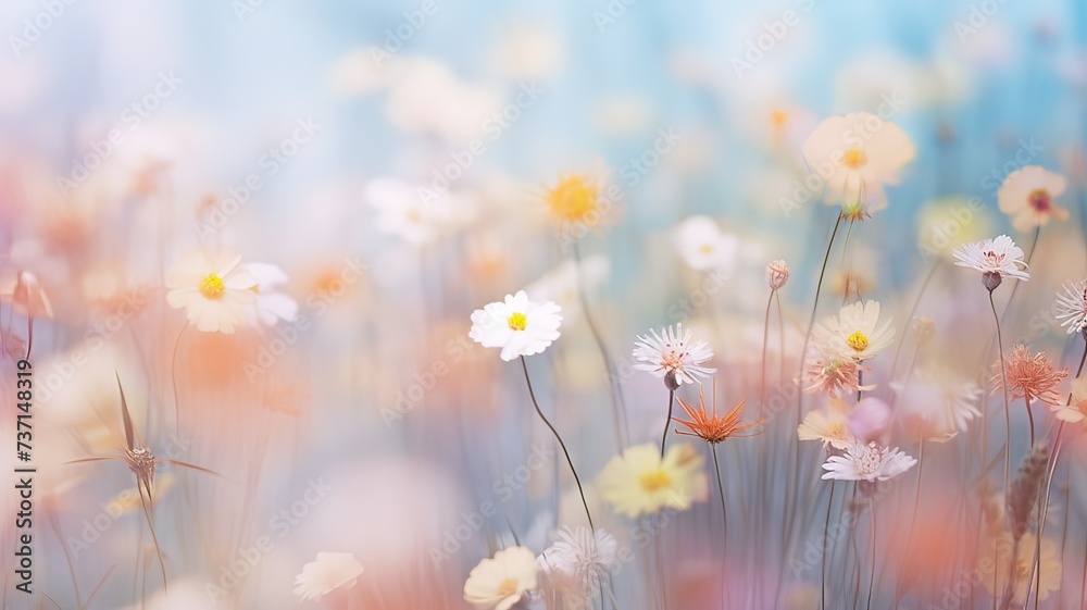 Horizontal AI illustration pastel dreamscape of wildflower meadow. Background and textures concept.
