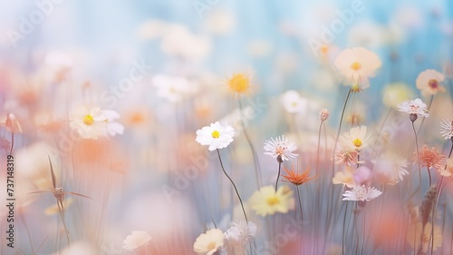 Horizontal AI illustration pastel dreamscape of wildflower meadow. Background and textures concept. © Ametz