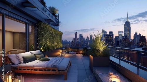 Serene rooftop retreat with a lounge bed potted plants. Generative ai,  photo