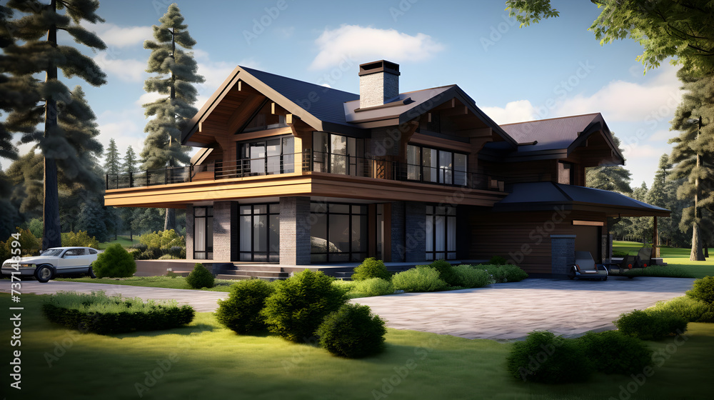 Wooden house in the forest,,
Luxury house high detailed exterior design  Pro Photo

