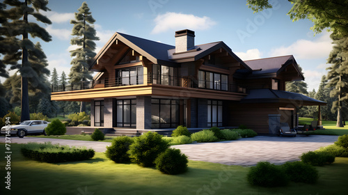 Wooden house in the forest,, Luxury house high detailed exterior design Pro Photo