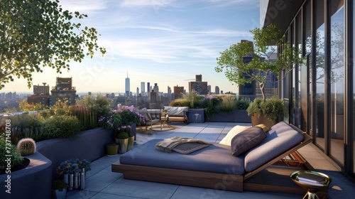 Serene rooftop retreat with a lounge bed potted plants. Generative ai, 
