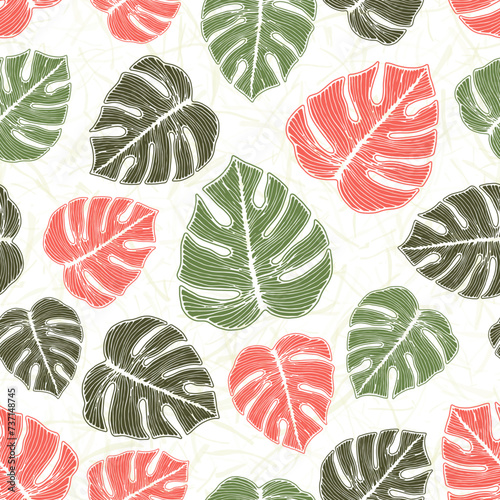 Philodendron jungle foliage botanical repeat ornament over noisy background.