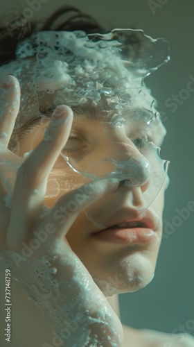 person is using a piece of glass to look at himself, in the style of foampunk, rounded photo