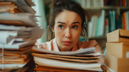 Beauty businesswoman student with a stressed expression and looking at a desk full of files in the office college university photo
