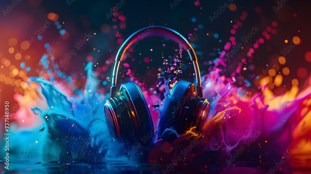 Headphones over Neon splashing wih vibrant colours, dynamic music blaster  - obrazy, fototapety, plakaty 