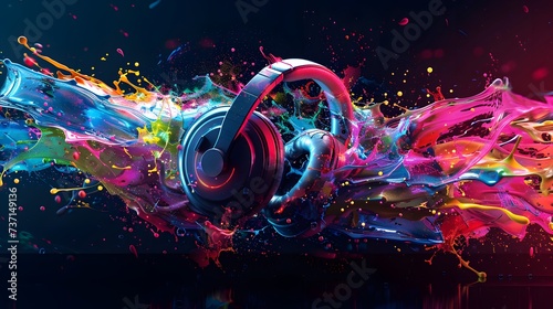 Headphones over Neon splashing wih vibrant colours, dynamic music blaster  photo