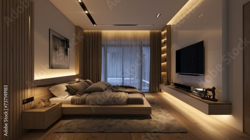 Sleek and simple bedroom with a platform bed recessed . Generative ai  