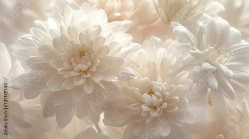 White Monochromatic Compositions Chrysantha Flowers in Organic Bouquet Texture - Irridescent Soft Tonal Art Close Up Vintage Inspired Background created with Generative AI Technology