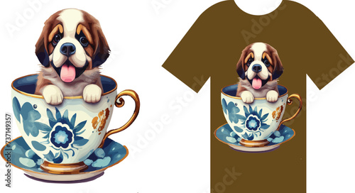 small adorable puppy sitting in a teacup, looking innocent and charming