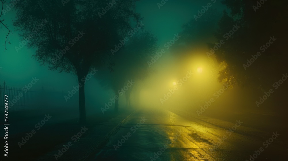 a foggy street at night with a street light in the foreground and trees on the other side of the street.