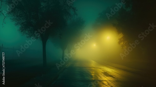 a foggy street at night with a street light in the foreground and trees on the other side of the street.