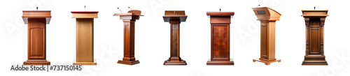 brown wood speech stand and microphone - Podium set - lectern collection - various shapes and angles - isolated transparent PNG. Modern and antique. 
