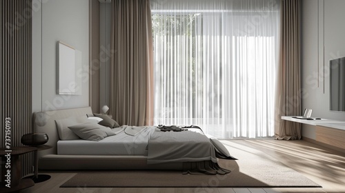 Sleek and serene bedroom with a low profile bed sheer curtains. Generative ai, 