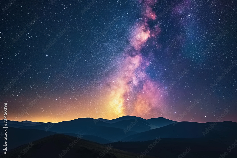 Night landscape with colorful Milky Way and yellow light at mountains. Starry sky with hills at summer. Beautiful Universe. Space background