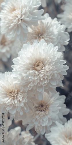White Monochromatic Compositions Chrysantha Flowers in Organic Bouquet Texture - Irridescent Soft Tonal Art Close Up Vintage Inspired Background created with Generative AI Technology